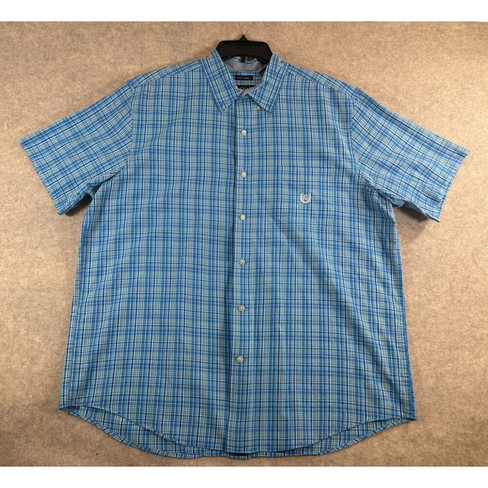 Chaps Button Down SS Size XL Mens Blue Yellow Plaid Easy Care